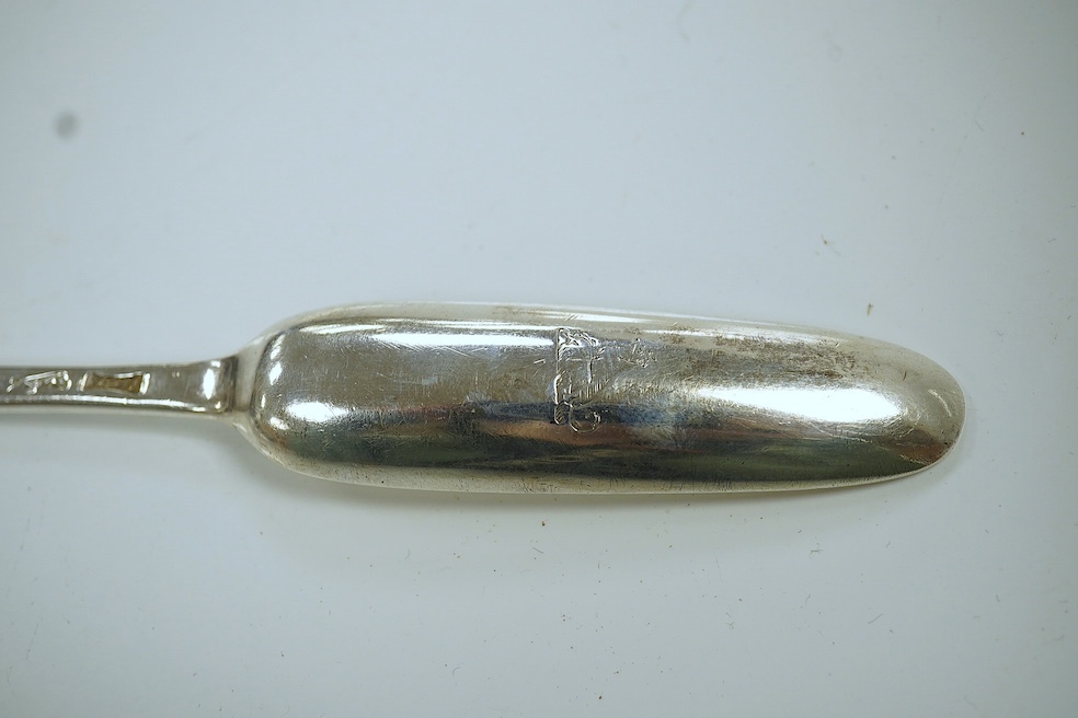 A George II silver marrow scoop, London, 1754, 22.5cm. Condition - fair